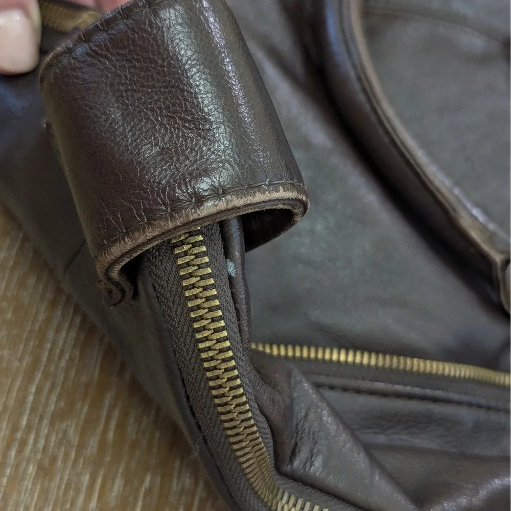 APC Brown Leather Hobo Shoulder Bag Brass Hardware Zipper Detail Expandable Tote